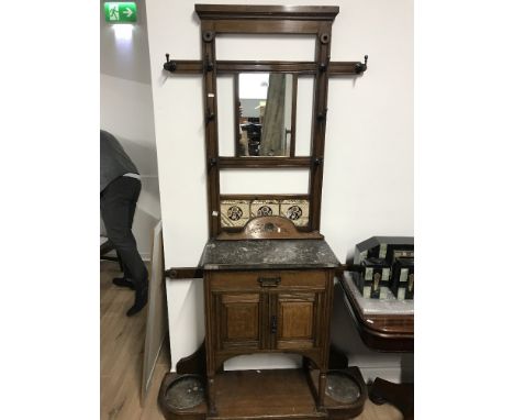 VICTORIAN MAHOGANY MIRRORED HALL STAND CABINET WITH TILED BACK & MARBLE TOP OVER SINGLE DRAWER AND CUPBOARDS FLANKED BY STICK