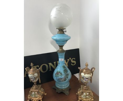 VICTORIAN BLUE GLASS & BRASS OIL LAMP DEPICTING COUNTRY SCENE