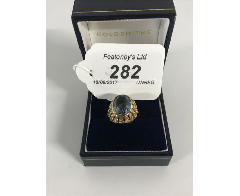 9CT GOLD OVAL AQUA COLOURED STONE (1.5CM) RING. GROSS WEIGHT 4.9 GRAMS.