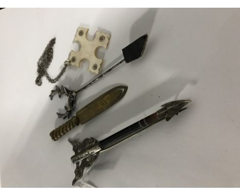 1 LARGE POSSIBLY SCOTTISH SILVER ARROW BROOCH WITH AGATE SHAFT, 1 WHITE METAL STAGS HEAD PIN, 1 MOTHER OF PEARL CROSS PENDANT