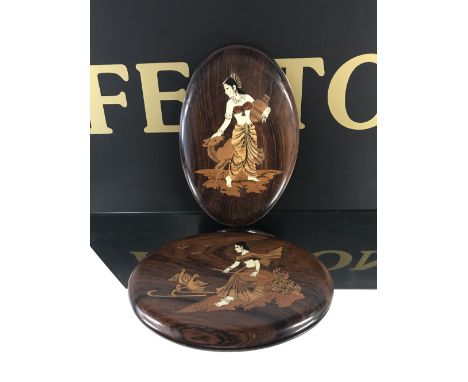 2 OVAL HARDWOOD PLAQUES INLAID DEPICTING INDIAN GODESSES & 1 HAS A LABEL VERSO SAYING 'FROM VASCODE GAMA, GOA, INDIA NOVEMBER