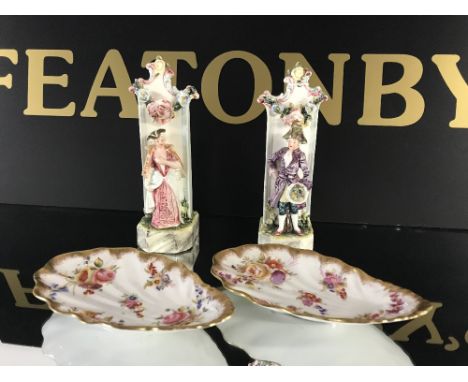 PAIR OF CONTINENTAL 19THC SPILL VASES NAPOLEON & JOSEPHINE?, TOGETHER WITH 2 HAMMERSLEY & CO DRESDEN SPRAY FLORAL SHELL SHAPE