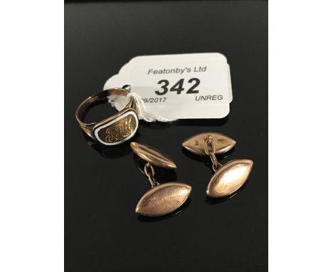 PAIR OF 9CT GOLD CUFFLINKS & 1 GOLD RING WITH MONOGRAM IN A WHITE ENAMEL BORDER (CUFFLINKS WEIGHT 3.7 GRAMS, RING 4.4 GRAMS).