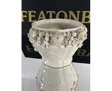 BELEEK CHINA FIRST PERIOD JARDINIERE PLANT POT WITH A BAND OF APPLIED FLOWERS INCLUDING ROSES, CHRYSANTHEMUMS, SUNFLOWERS ETC