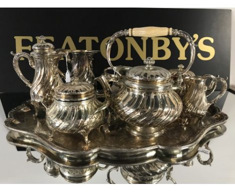 CHRISTOFLE 7 PIECE SILVER PLATED TEA SERVICE COMPRISING OF: TEAPOT WITH IVORY HANDLE (DAMAGED) ON A STAND WITH SPIRIT BURNER,