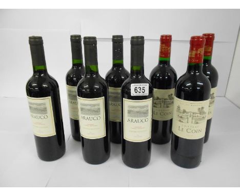 8 bottles - 5x Arauco carmenere cabernet sauvignon 2015 and 3x Vin de Bordeaux Chateau le Coin (1x 2014, 2x 2013).