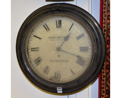 A 19th century railway circular fusee wall clock by John Bryson Edinburgh, with cream enamel dial bearing Roman numerals, in 