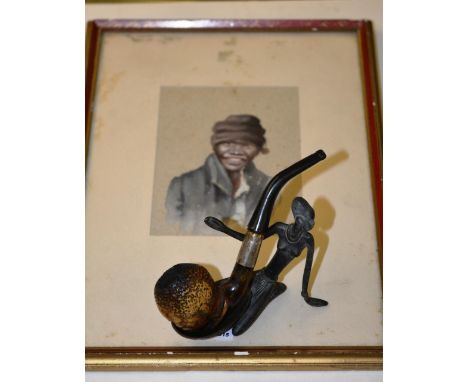 A watercolour of a young Zulu gent, c.1800, including a pipe modelled as a Zulu bust and pipe stand (3)