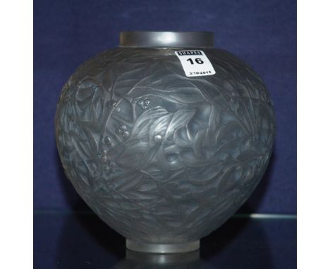 A Rene Lalique (French 1860-1945) gui-vase c.1923, the oviform shape with mistletoe in relief upon blue tinge, engraved R Lal