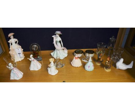 Three small Royal Doulton figurines, two of Diana HN3310, Dinnertime HN3726, together with Coalport figures, two Hummel figur