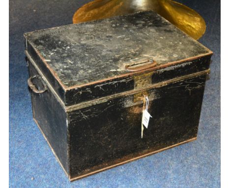 A mid 19th Century safe trunk, of rectangular form with brass plate and Royal crest, 43cm high, 61cm wide x 46cm deep