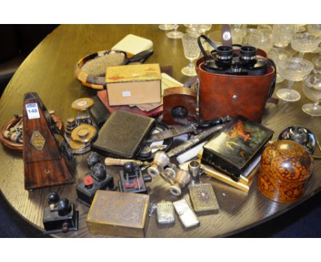 A mixed lot, including letter scales, metronome, Arabian Knives, teaspoons, opera glasses and lacquered box etc (a lot)