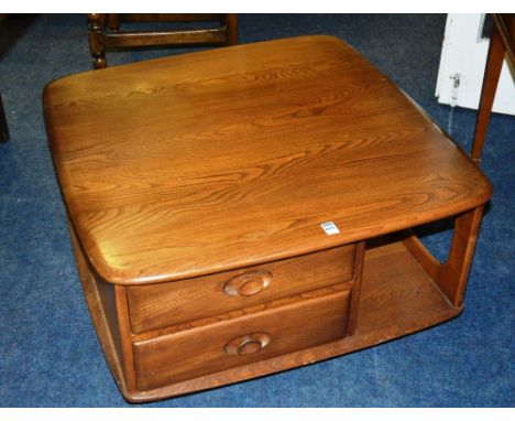 An Ercol type coffee table, with chamfered square top, open shelf and short drawer, including Sutherland table, 80cm wide x 3