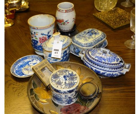 A mixed lot of Oriental ceramics, comprising of lacquered tray, blue and white tea caddy, small tureen, famille rose vases an