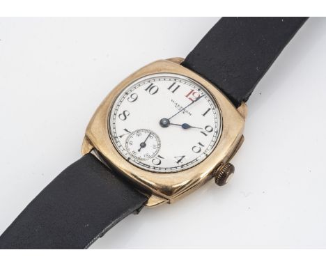 WALTHAM, A 1930s Waltham 9ct gold cased manual wind wristwatch, 31mm, not runnnig and AF, on black leather strap 