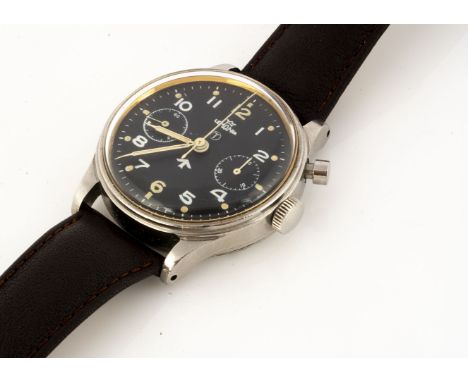 A c1970s Lemania Military issued stainless steel cased wristwatch, 39mm, black dial with two subsiduaries, having single push