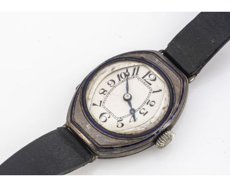 SWISS, An Art Deco period silver manual wind wristwatch, with blue enamel to front, 25mm, appears to run, on leather strap 