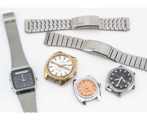TIMEX, A group of four 1970s and later Times wristwatches, three heads, two straps and a digital example 