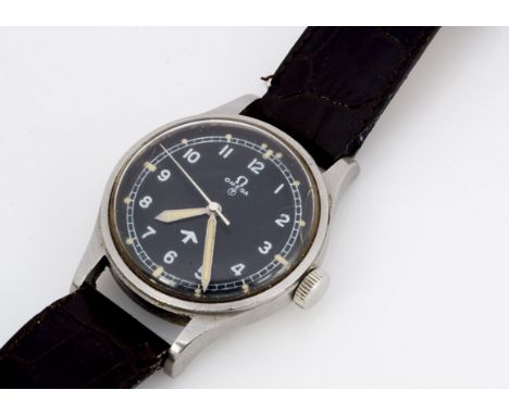 OMEGA, a 1950s military issue stainless steel wristwatch, movement no. 13056923, black dial with numerals, rear cover marked 