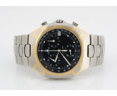 OMEGA, A c1990s Omega Seamaster Polaris quartz stainless steel and gilt wristwatch, black dial with tachymeter and batons wit