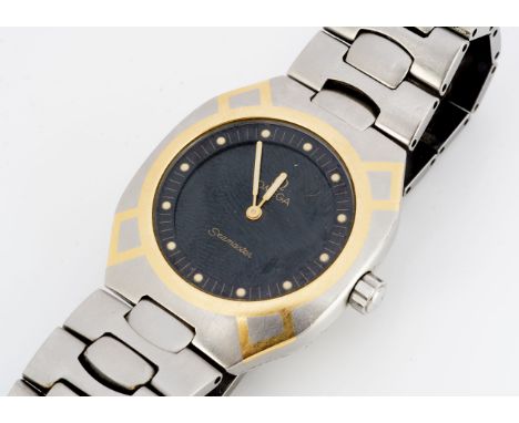 OMEGA, A c1980s Omega Seamaster quartz stainless steel wristwatch, black dial with cream dots, 32mm case heightening with gol