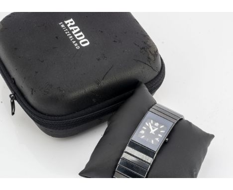 A modern Rado DiaStar black ceramic wristwatch, 24mm, black dial with silver coloured batons, in Rado soft case 