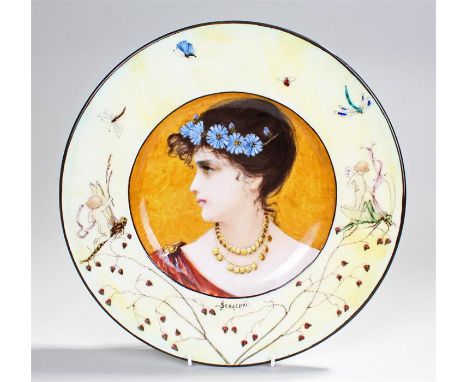 Theodore Deck circular Wall Plate, “L’ete”, the centre decorated with head and shoulders portrait of a young lady in late 19t