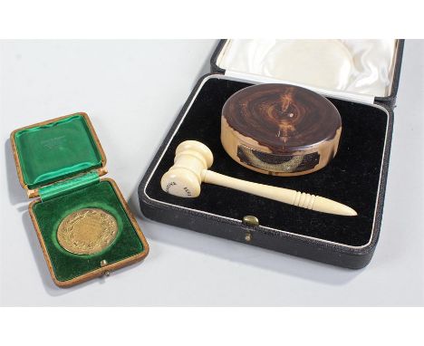 Cased ivory presentation gavel, awarded to T.L. Maycock 14.3.1934, together with a medal awarded to Mr T Maycock for high cla