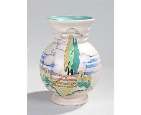 Clarice Cliff vase, decorated with gate and trees, signed to the base and with vase model number 896, 23cm high