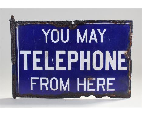 Enamel sign, You may telephone from here, double sided, white lettering on blue, 48cm wide