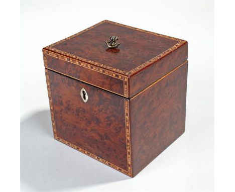George III burr yew and chequer banded tea caddy, the hinged top with swing handle, chequer banding decoration and ivory escu