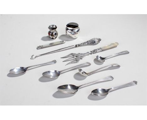 Mixed silver, various dates and makers, to include a silver folding fruit fork with mother of pearl handle, silver spoons, tw