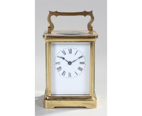 French gilt brass carriage clock, maker R & Co, Paris, the five glass case with white enamel dial and Roman hours, lever plat
