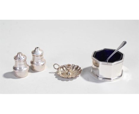 Collection of silver, to include a silver cased salt and pepper, a miniature silver chamber stick and a silver salt with spoo