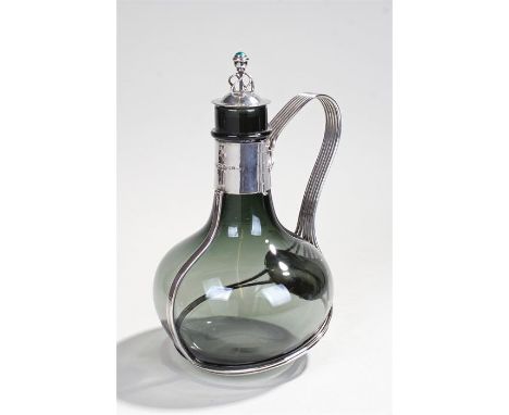 Elizabeth II silver and glass claret jug, London 2008, maker George Henry Hart, the cork silver capped top with a turquoise e