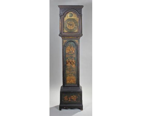 George II green lacquered longcase clock, circa 1730, the concave cornice above a glazed arched hood door flanked by turned c