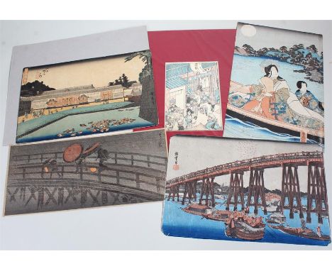 Japanese prints to include a Festival scene with lanterns from a bridge, Architectural scene with duck pond, Two figure in a 