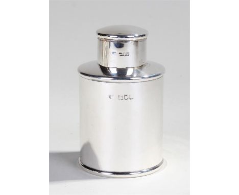 Silver tea caddy, marks rubbed, the slide on caddy top above a cylinder body, 6.4oz