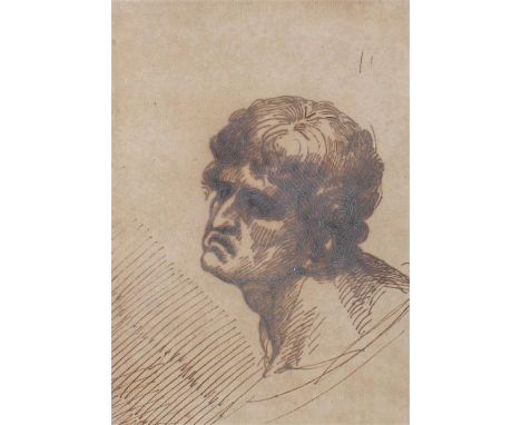 Attributed to George Romney 1734-1802. Study of a male head in pen and ink, on the reverse in pencil states Found in an old s