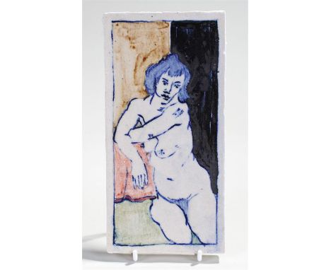 Eric James Mellon studio pottery rectangular tile, titled and signed to the side Bean Ash N Nude, 20cm high x 10cm wide