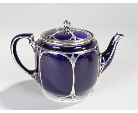 Lenox porcelain and silver overlaid teapot, the blue porcelain body and lid with oval and diamond silver overlay, banded silv