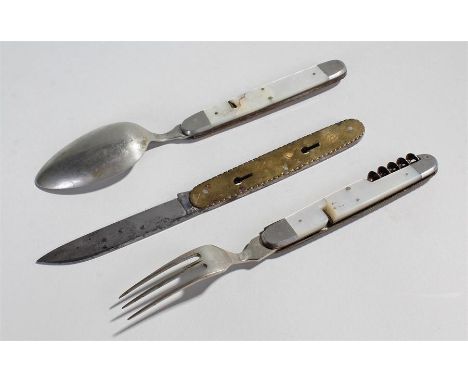 Unusual Ed Wusth pocket knife, the knife with fork, spoon and screw detachable panels, the side sections with mother or pearl
