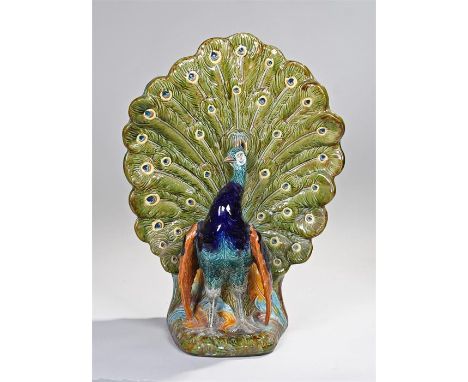 Late 19th Century earthenware majolica Frederic Thurner for Wasmuel umbrella/stick stand, modelled as a colourful peacock, si