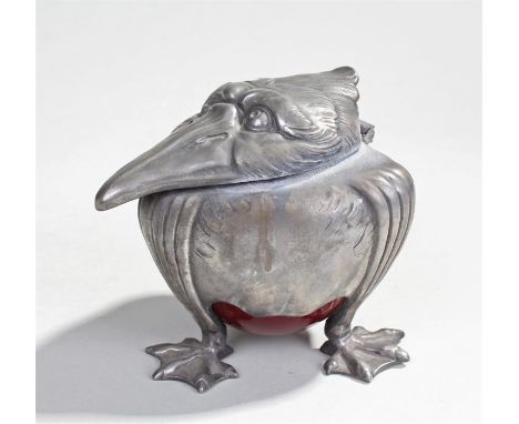 Art Nouveau Continental pewter 'Grotesque Bird' inkwell, probably WMF or Kayserzinn, the hinged head opening to reveal a pott