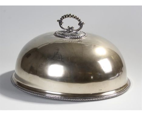 Silver plated meat dome, the dome with a sphere handle above an engraved hound and ball surround, 46cm wide