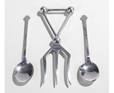 Walker and Hall Christopher Dresser style fork, with three prongs to the ball and shaft handle, together with two spoons mark
