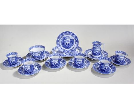 Cauldon blue and white transfer decorated tea service, to include six cups and saucers, a bowl, a jug, six plates and a large