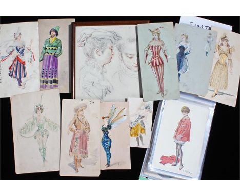 Pencil sketch of a lady, showing her in both profile and front, together with a selection of Early 20th Century French postca
