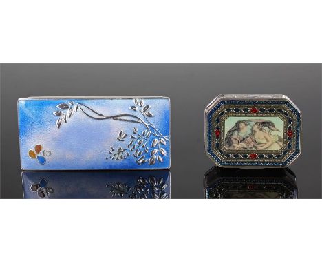 Elizabeth II silver pill box, with classical scene decoration, together silver and enamel box marked 990, (20