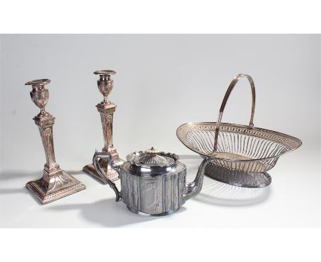 Silver plated basket, with swing handle and pierced surround, together with a pair of silver plated candlesticks and a silver